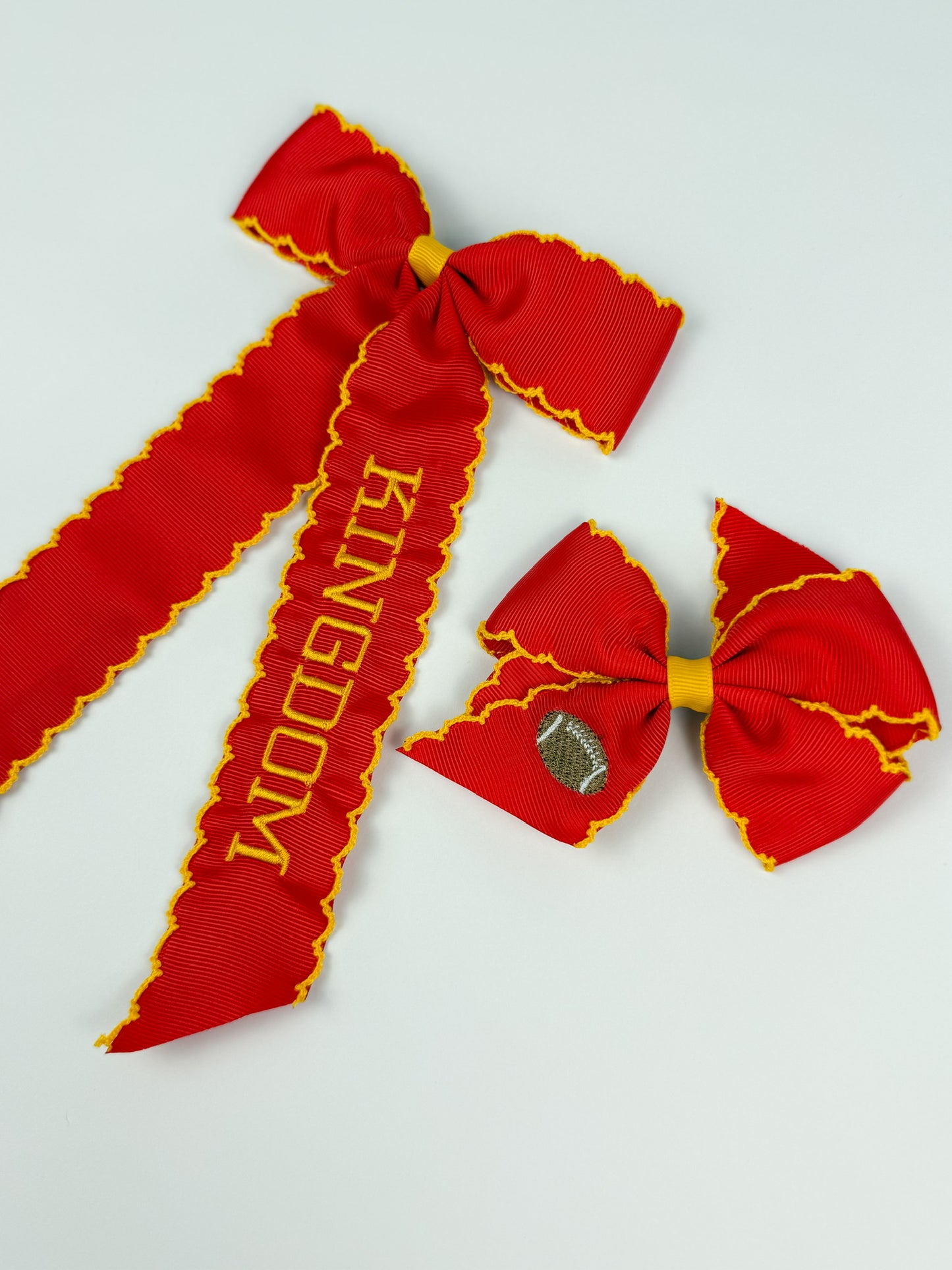 Embroidered Kingdom Red & Gold Long Tail Bow - Chiefs Inspired