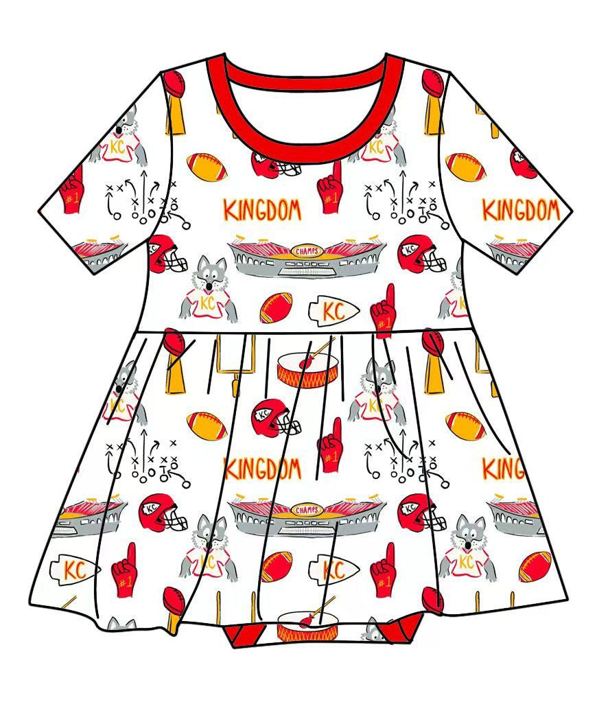 (Pre-Order) Baby Kingdom Print Bamboo Twirl Bodysuit Dress | Kansas City Football Inspired