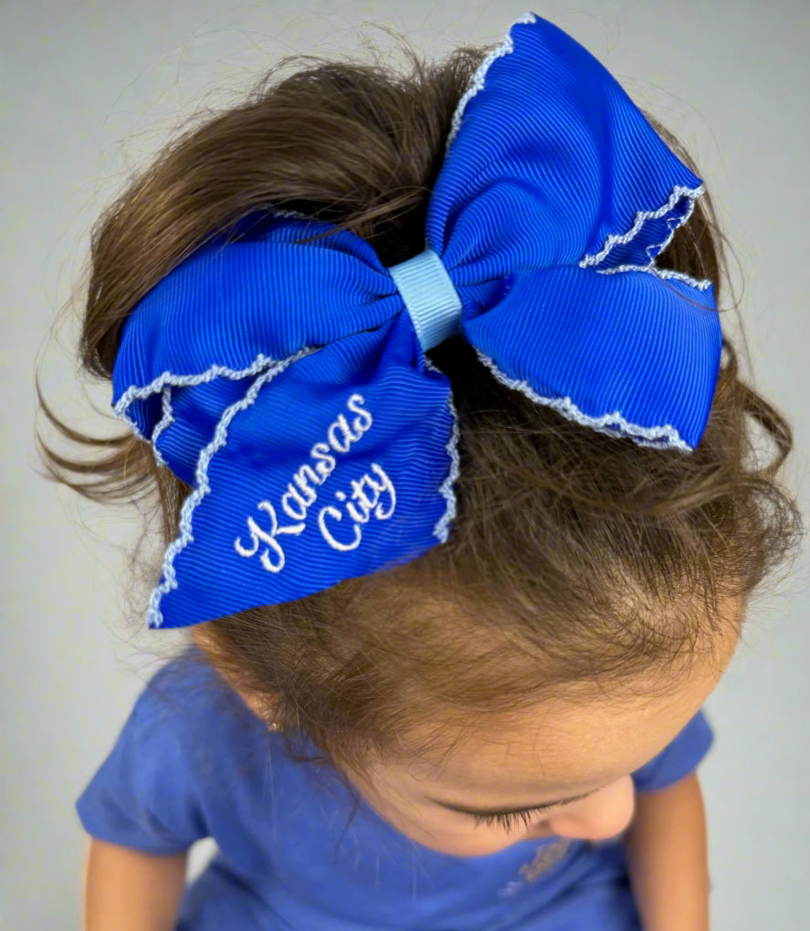 Blue Grosgrain Bow Hair Clip with Kansas City Embroidery - Royals Inspired