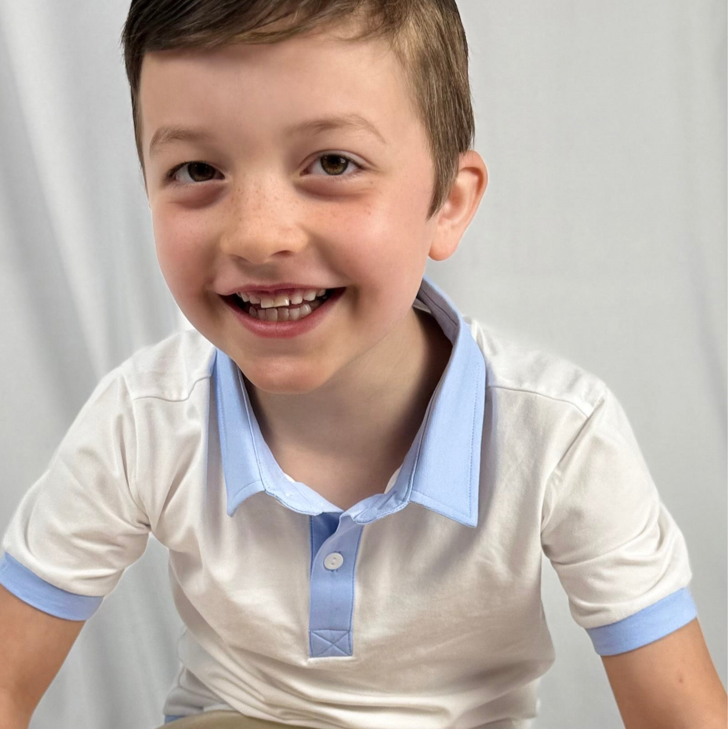 Boys' White Polo Shirt – Light Blue Trim | Soft Cotton Knit