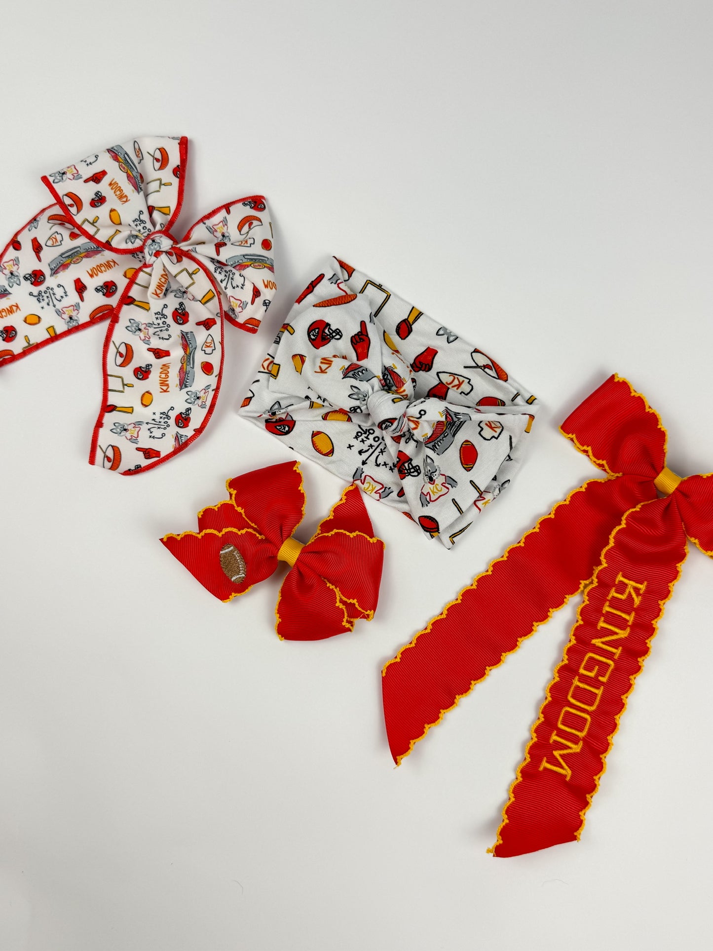 Embroidered Kingdom Red & Gold Long Tail Bow - Chiefs Inspired
