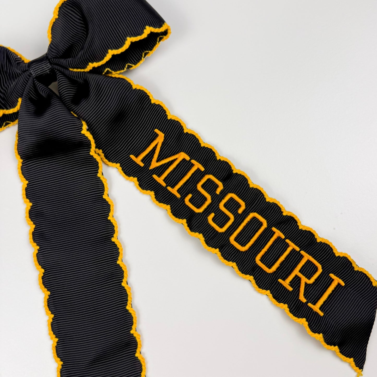 Embroidered ‘Missouri’ Black & Gold Grosgrain Spirit Bow - MU Inspired