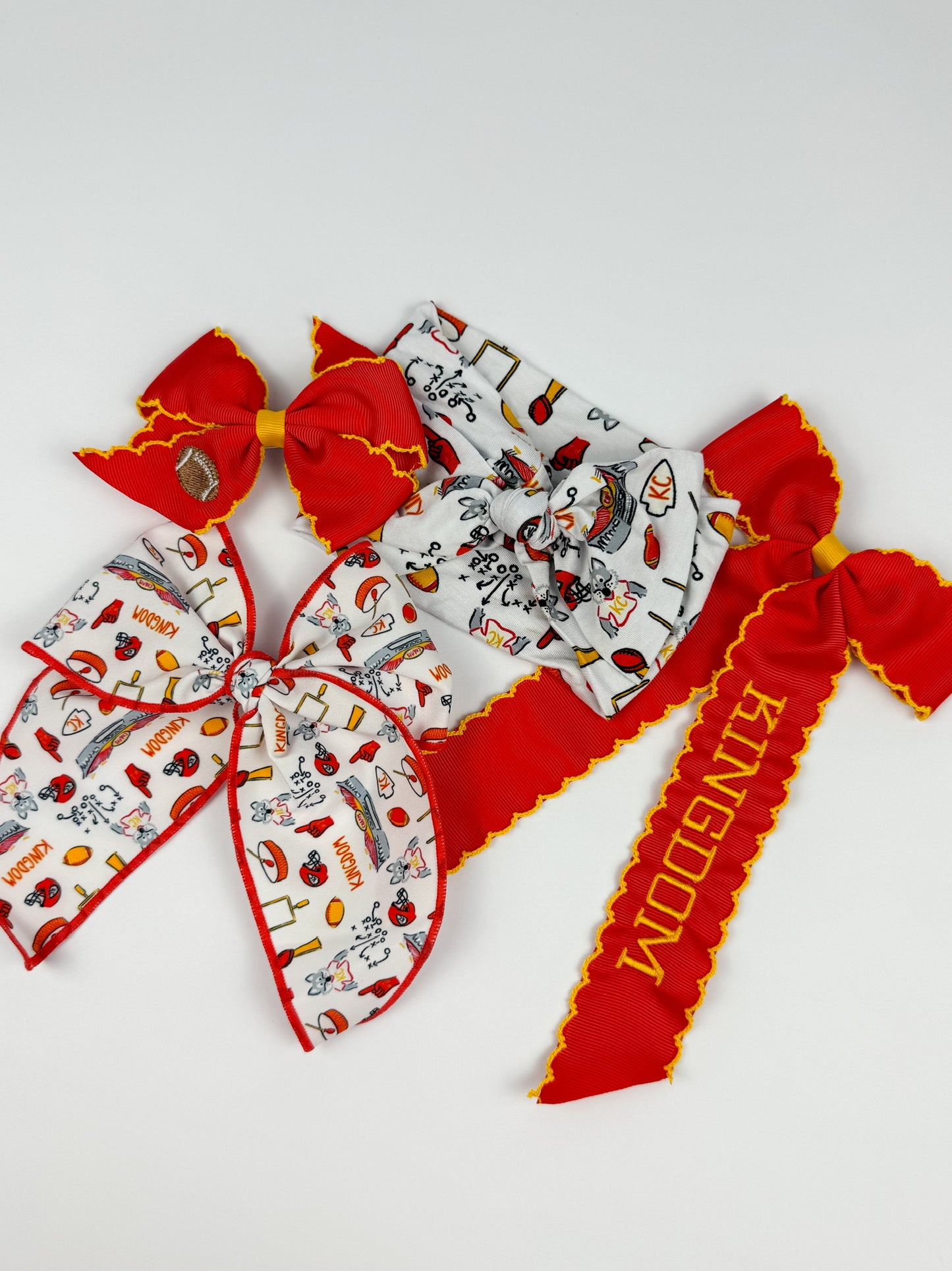 Embroidered Kingdom Red & Gold Long Tail Bow - Chiefs Inspired