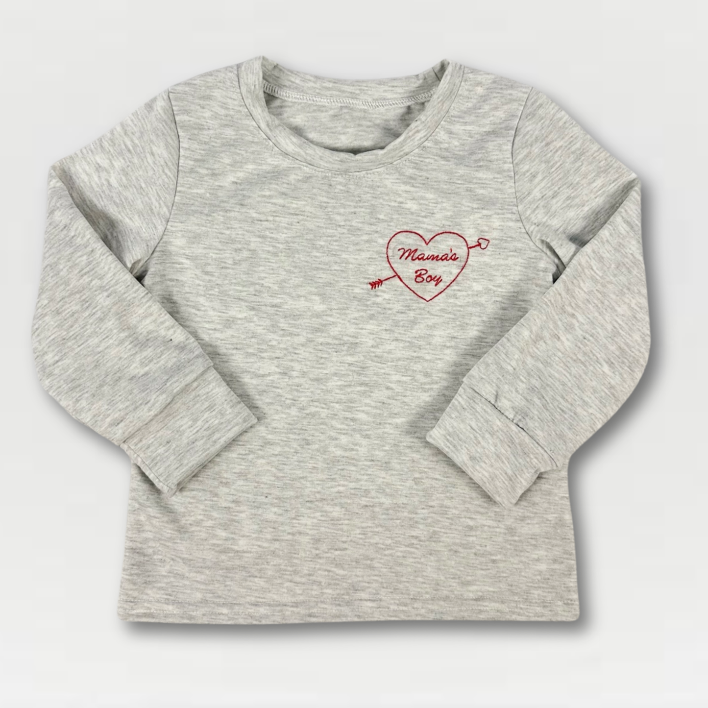 Heather Grey Long Sleeve Boys Valentine Tee – "Mama’s Boy" with Heart & Arrow Embroidery