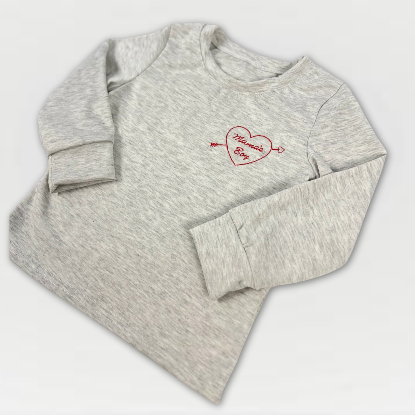 Heather Grey Long Sleeve Boys Valentine Tee – "Mama’s Boy" with Heart & Arrow Embroidery