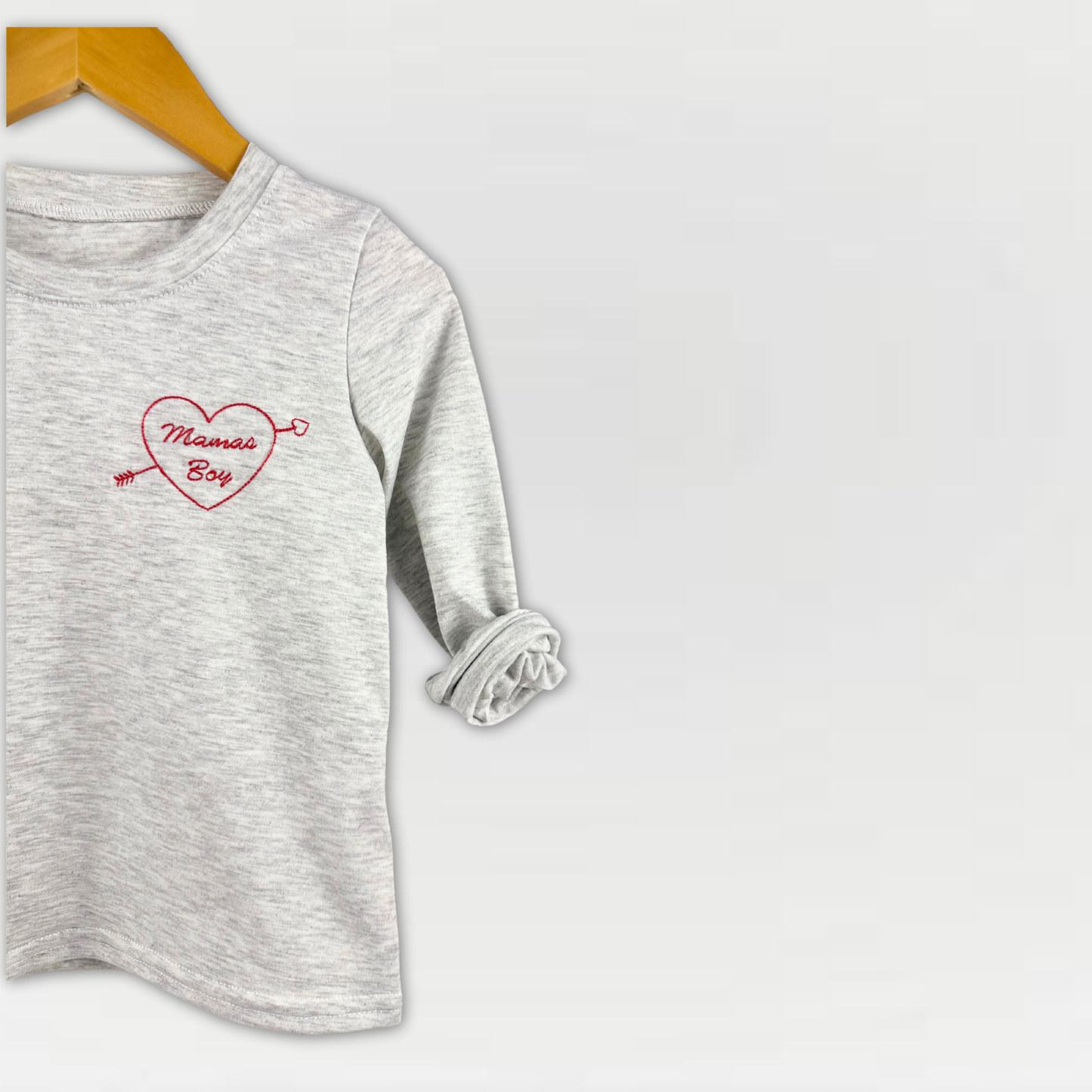 Heather Grey Long Sleeve Boys Valentine Tee – "Mama’s Boy" with Heart & Arrow Embroidery