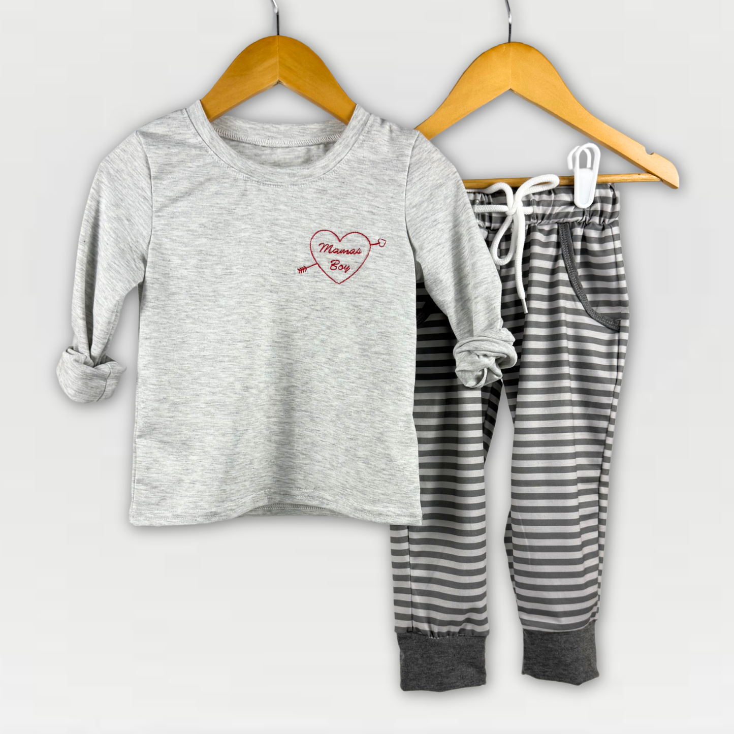 Heather Grey Long Sleeve Boys Valentine Tee – "Mama’s Boy" with Heart & Arrow Embroidery