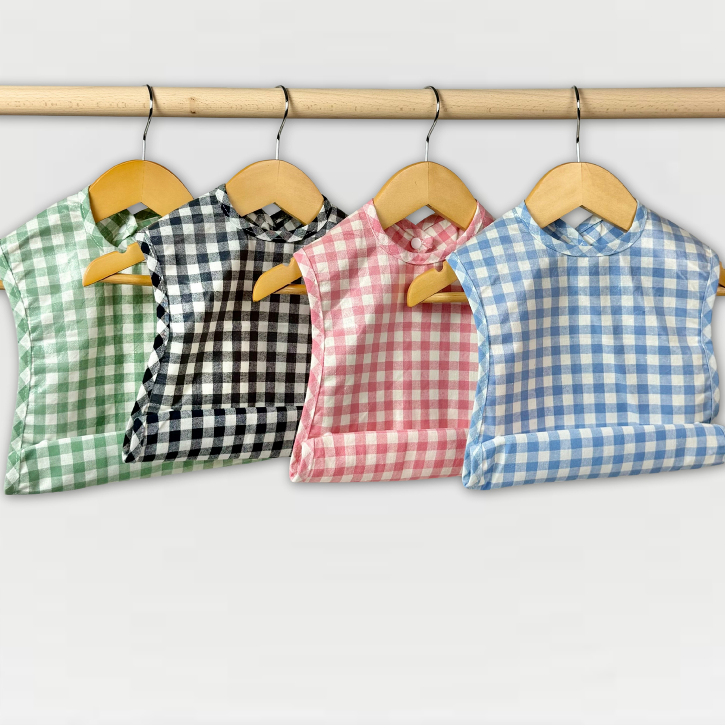 Tartan Checkered Bib with Button-Enclosure Pouch – Available in Green, Navy, Pink & Light Blue