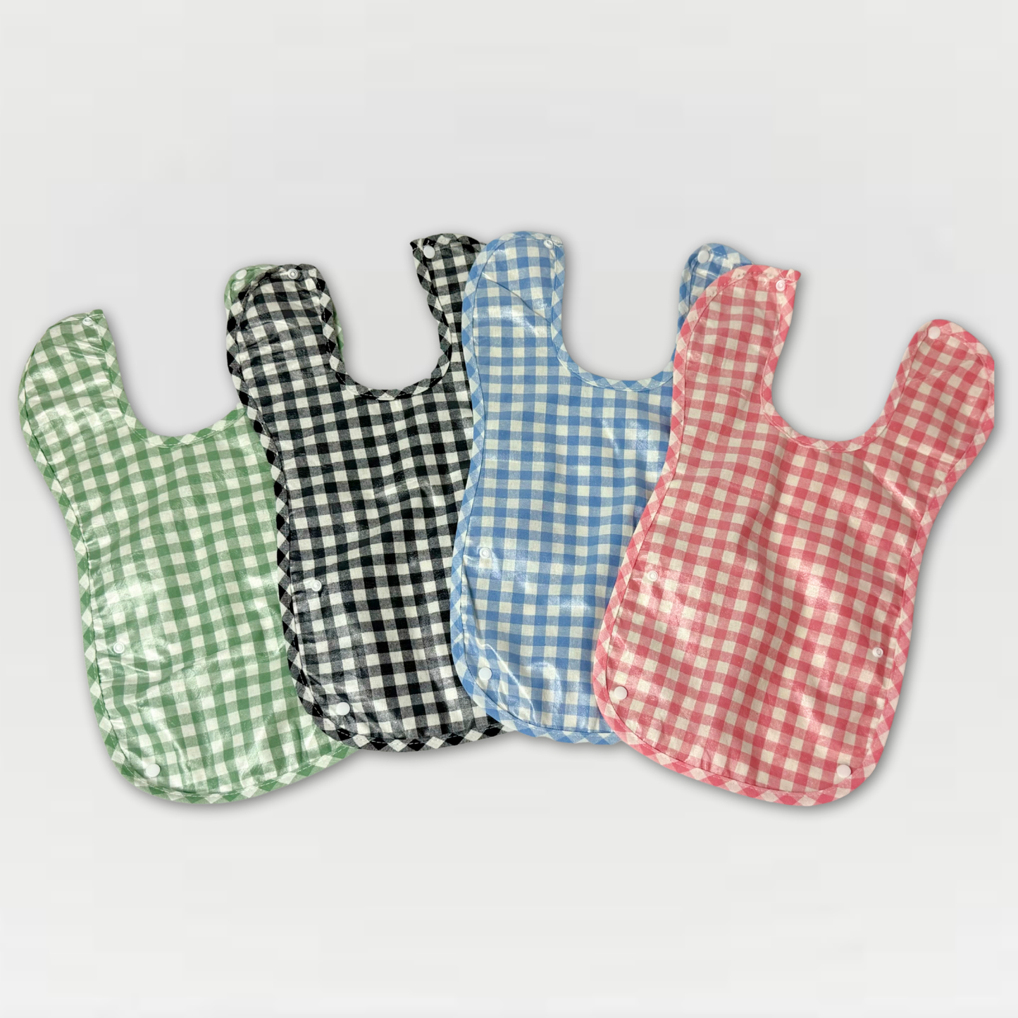 Tartan Checkered Bib with Button-Enclosure Pouch – Available in Green, Navy, Pink & Light Blue