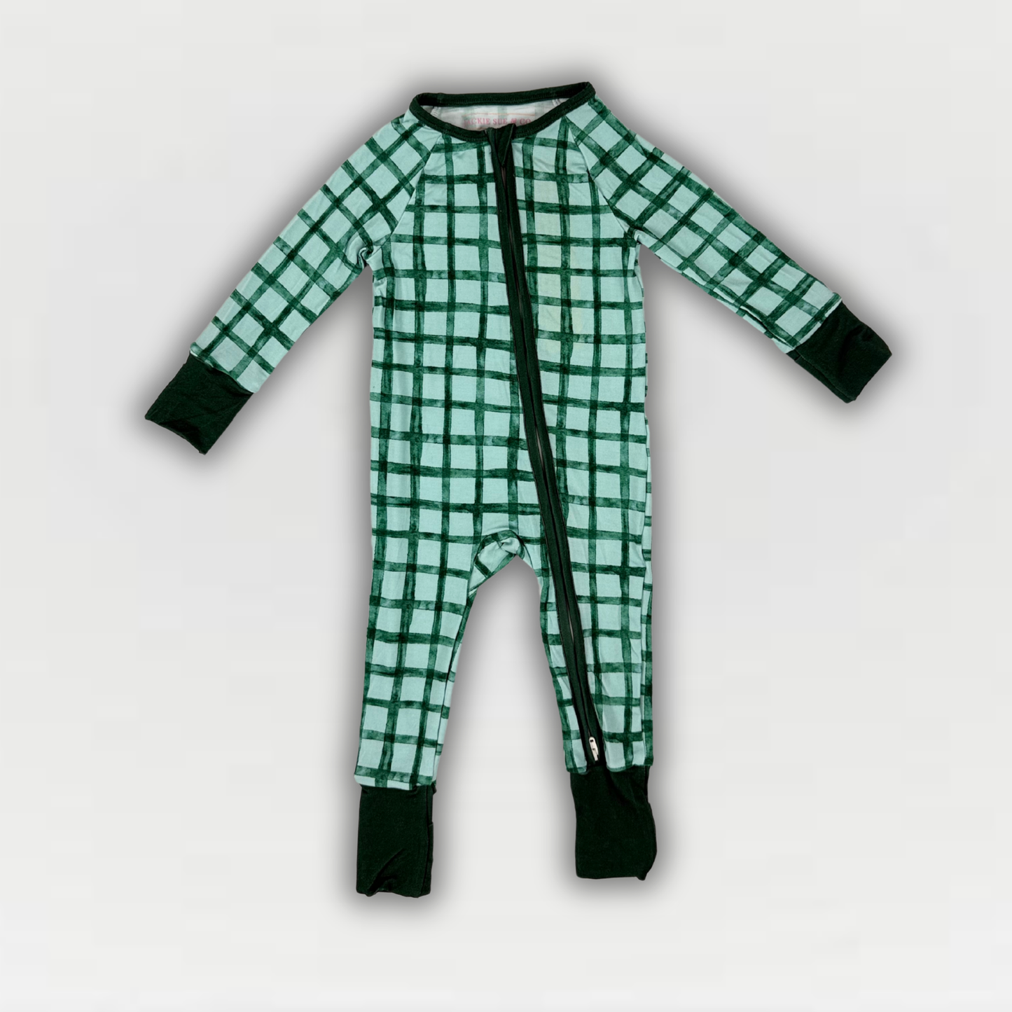 Zip-Up Bamboo Baby Pajamas - Green Checkered
