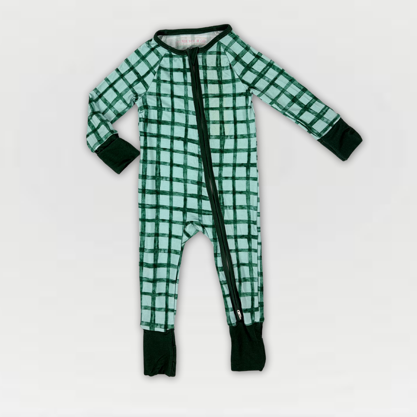Zip-Up Bamboo Baby Pajamas - Green Checkered