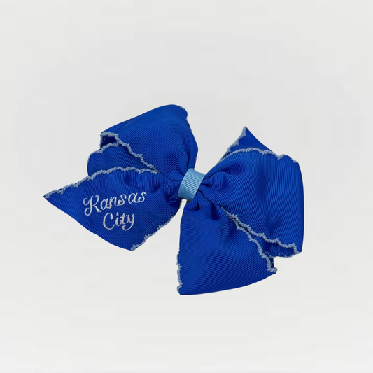 Blue Grosgrain Bow Hair Clip with Kansas City Embroidery - Royals Inspired
