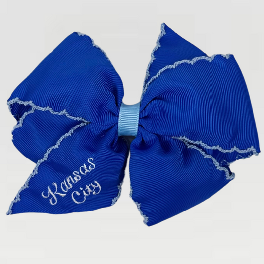 Blue Grosgrain Bow Hair Clip with Kansas City Embroidery - Royals Inspired