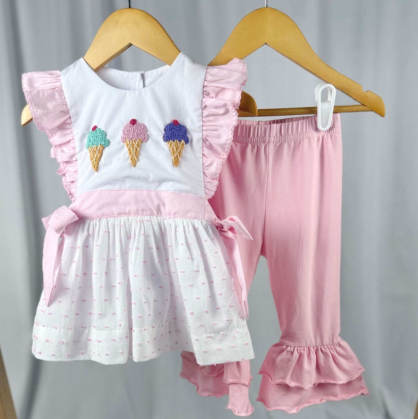 Girls' Ice Cream Outfit – Pink Swiss Dot Tunic & Ruffle Pants | Cotton Blend