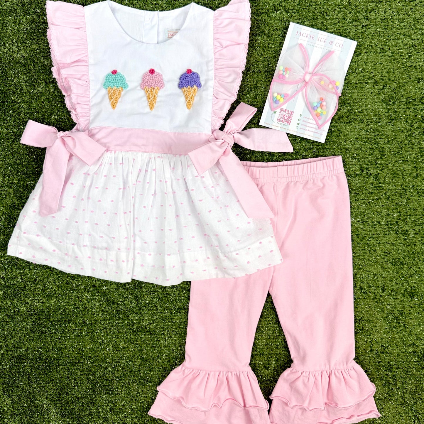 Girls' Ice Cream Outfit – Pink Swiss Dot Tunic & Ruffle Pants | Cotton Blend