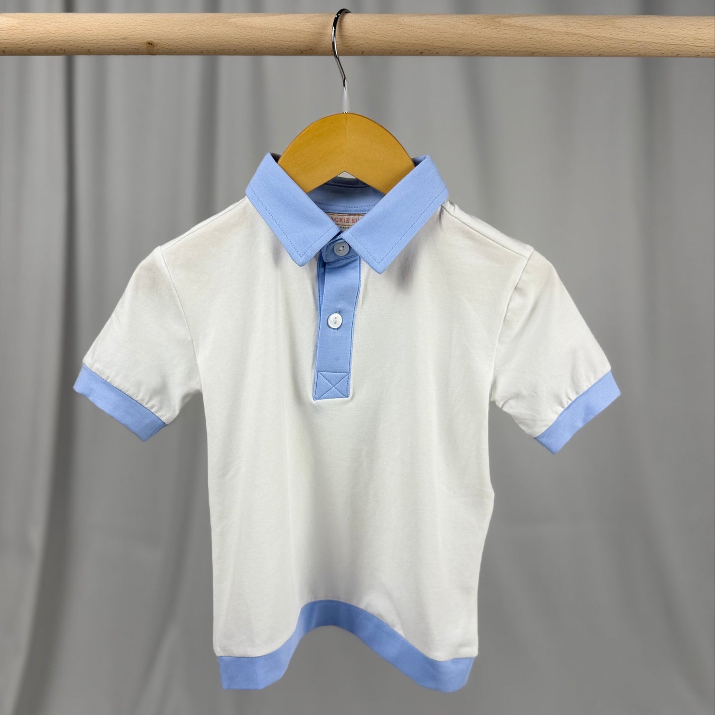 Boys' White Polo Shirt – Light Blue Trim | Soft Cotton Knit