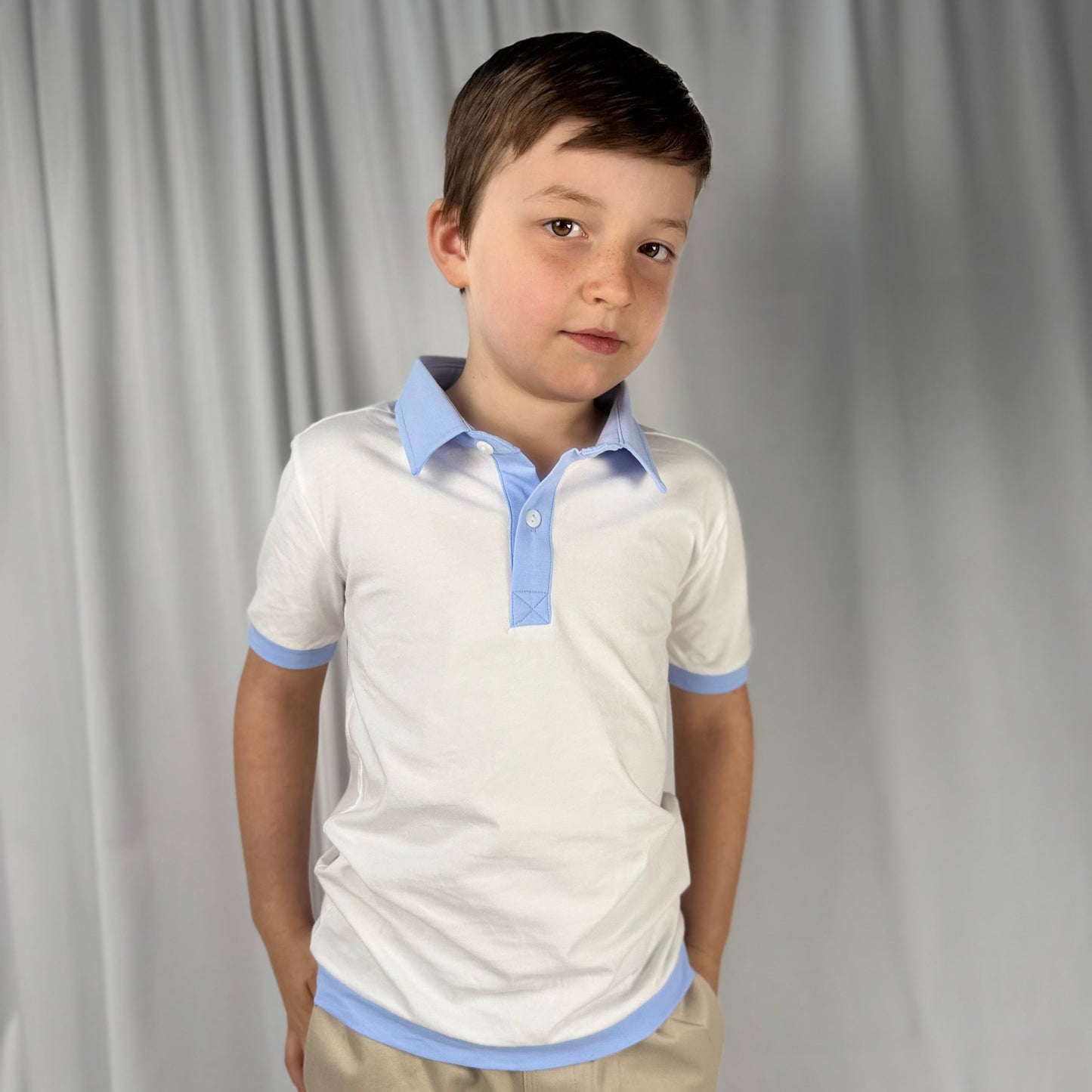 Boys' White Polo Shirt – Light Blue Trim | Soft Cotton Knit