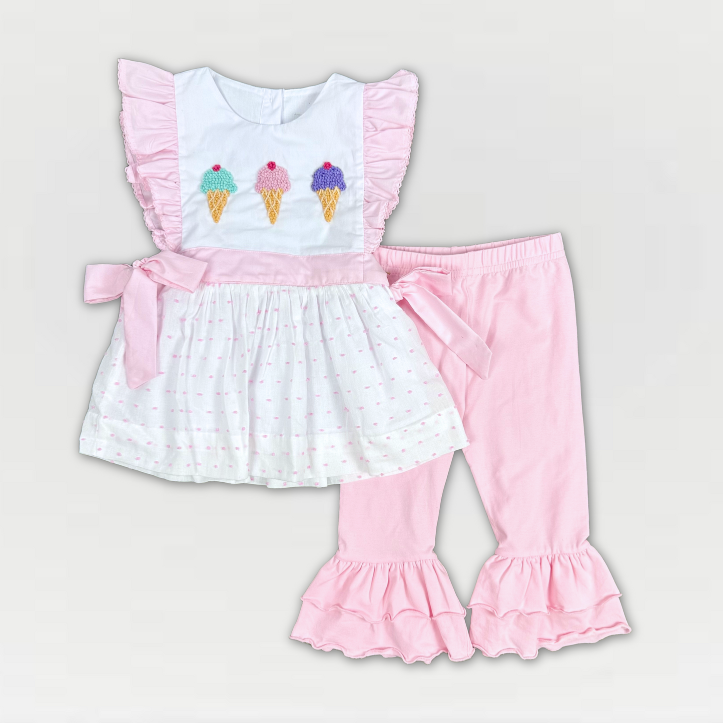 Girls' Ice Cream Outfit – Pink Swiss Dot Tunic & Ruffle Pants | Cotton Blend