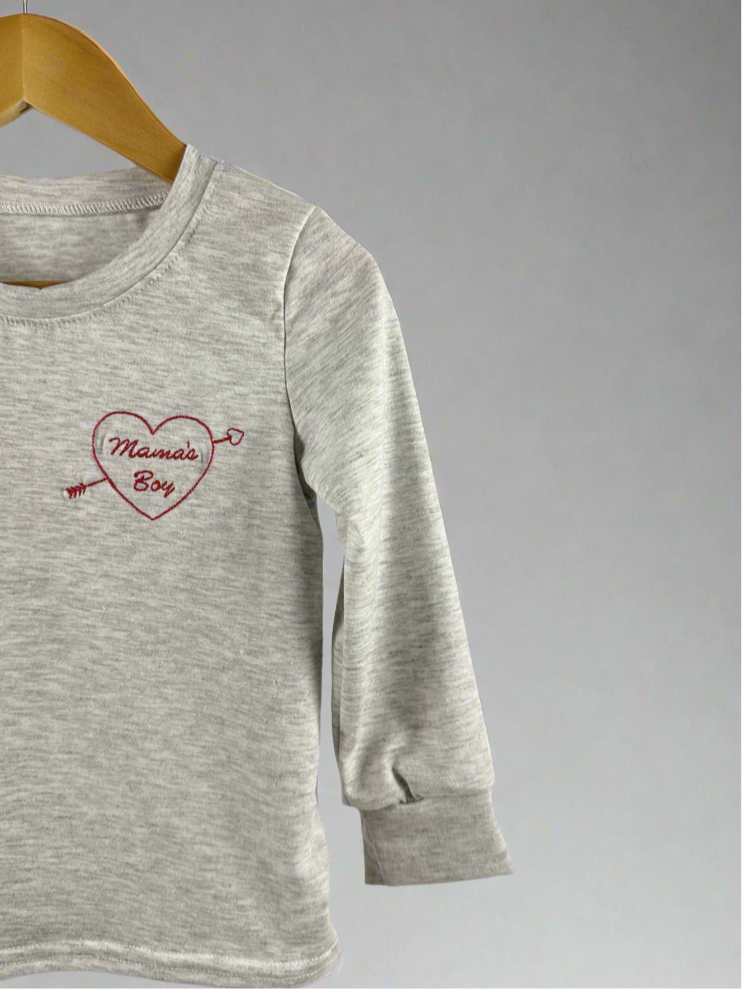 Heather Grey Long Sleeve Boys Valentine Tee – "Mama’s Boy" with Heart & Arrow Embroidery