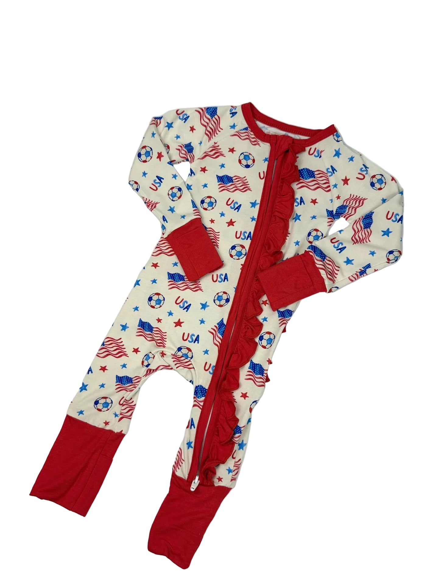 Girls Stars, Stripes & Soccer Convertible Ruffle Zip Bamboo Pajamas
