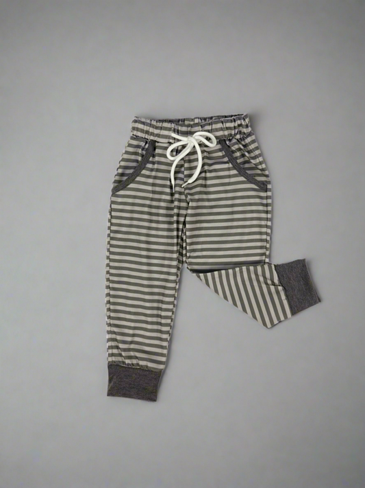 Kids' Unisex 2-Tone Grey Stripe Jogger Pants with Pockets & Drawstring