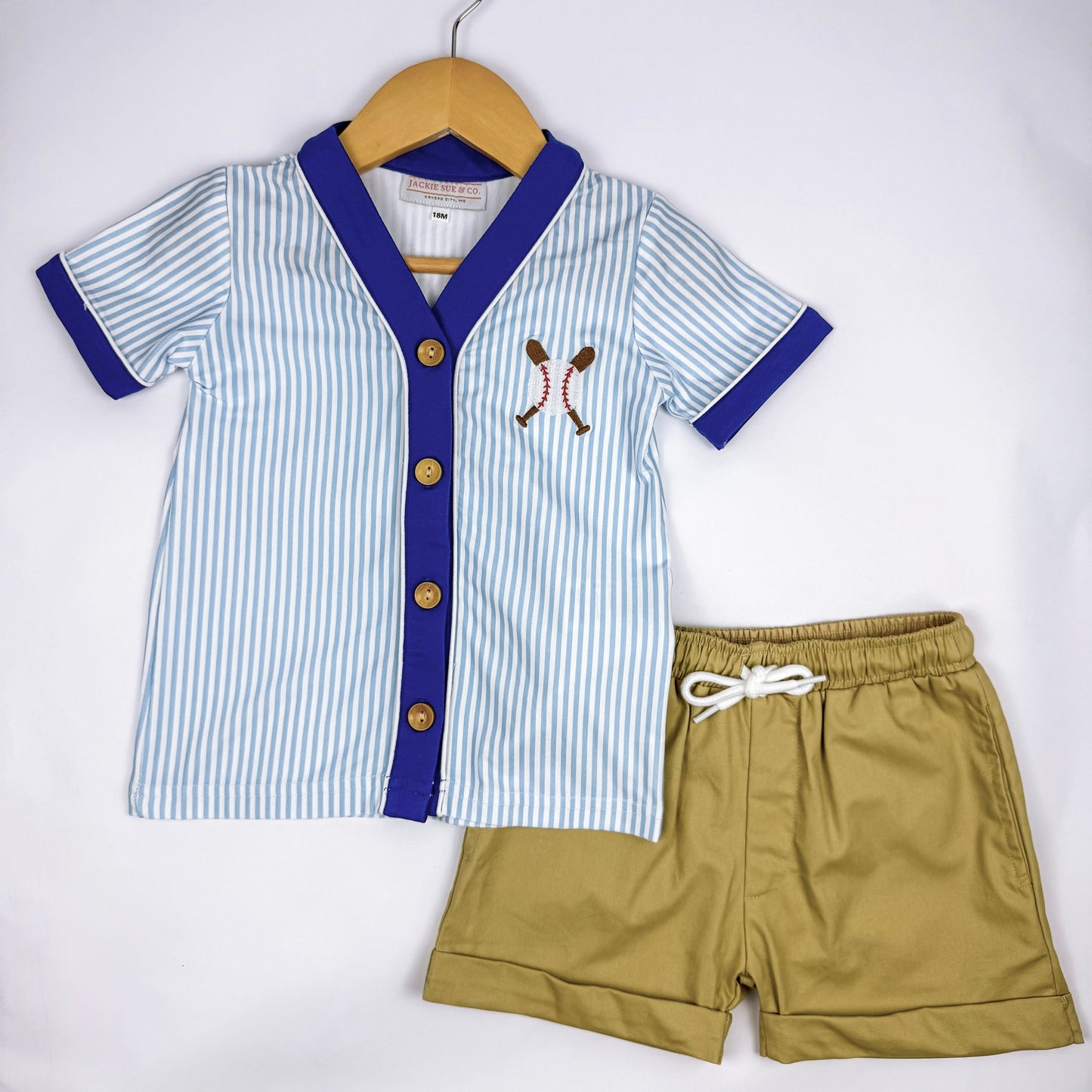 Boys Blue & White Striped Baseball Button-Up