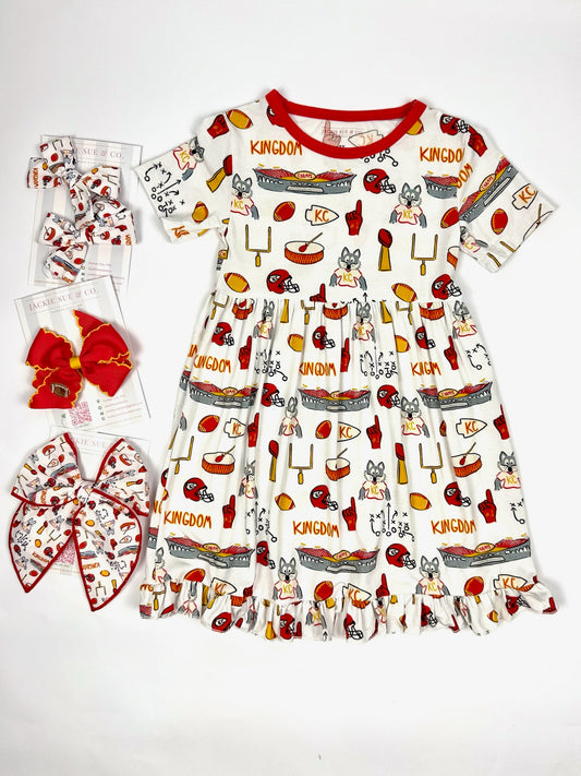 Girls Kingdom Print Bamboo Twirl Dress | Kansas City Football Inspired