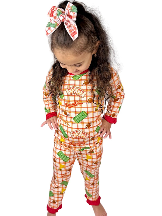 Girls Ruffle Heritage Plaid Bamboo Set | Kansas City Football Inspired Kids Pajamas