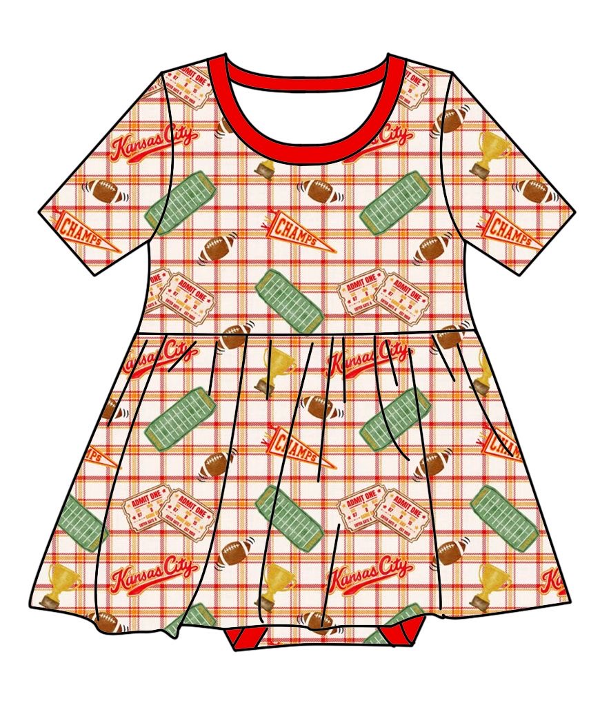 (Pre-Order) Baby Heritage Plaid Bamboo Twirl Bodysuit Dress | Kansas City Football Inspired