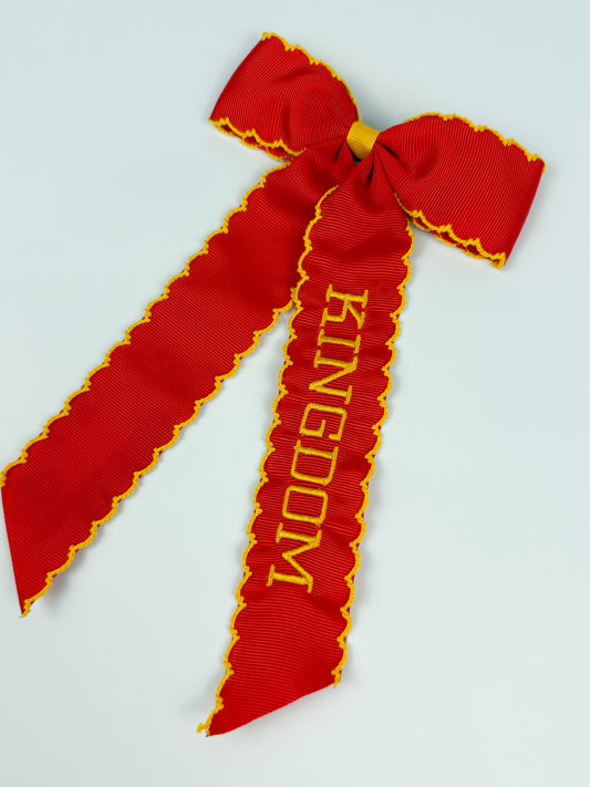 Embroidered Kingdom Red & Gold Long Tail Bow - Chiefs Inspired