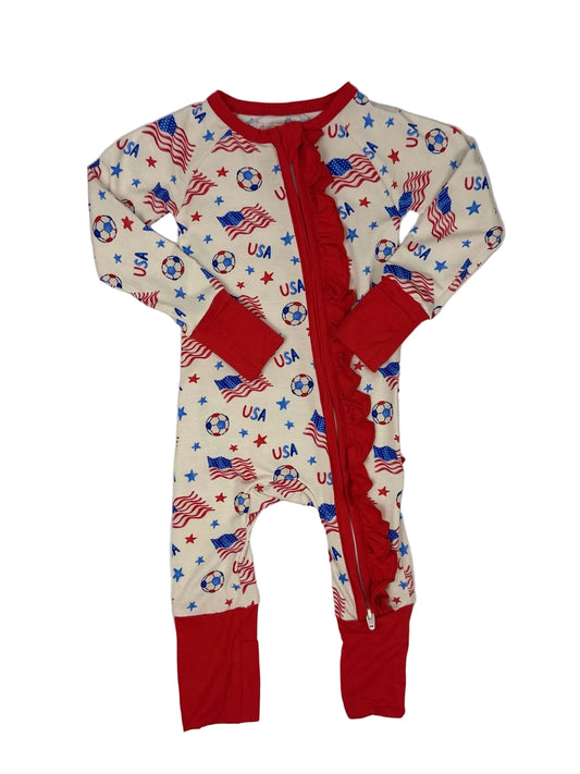 Girls Stars, Stripes & Soccer Convertible Ruffle Zip Bamboo Pajamas