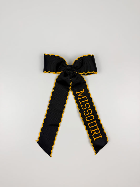 Embroidered ‘Missouri’ Black & Gold Grosgrain Spirit Bow - MU Inspired