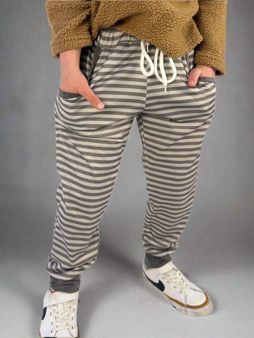 Kids' Unisex 2-Tone Grey Stripe Jogger Pants with Pockets & Drawstring