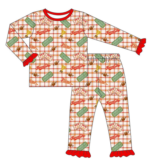 (Pre-Order) Girls Ruffle Heritage Plaid Bamboo Set | Kansas City Football Inspired Kids Pajamas