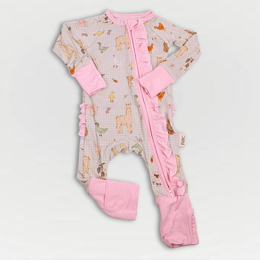 Farmstead Gingham Collection - Girls Convertible Zip Ruffle Bamboo Pajamas
