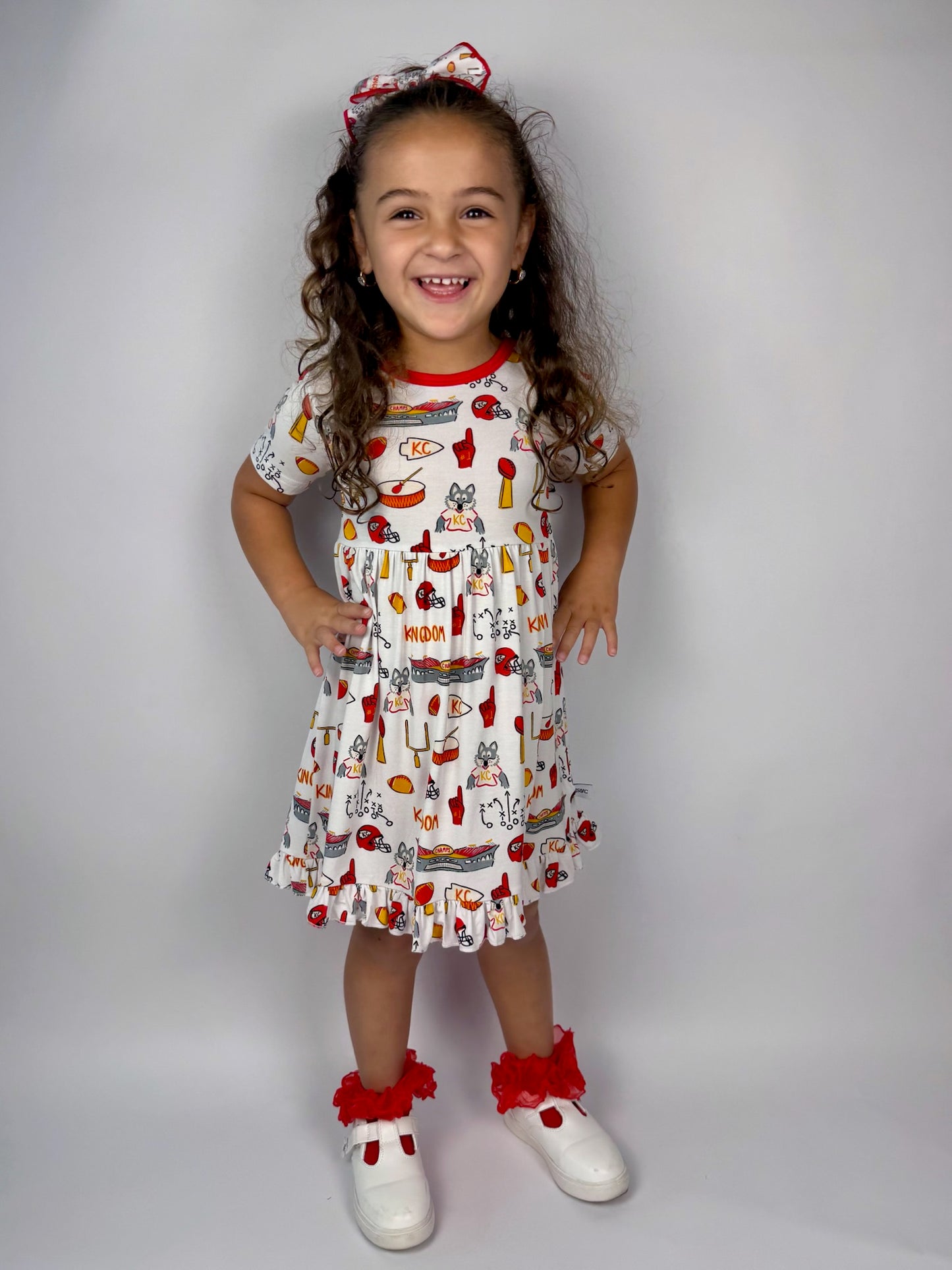 Girls Kingdom Print Bamboo Twirl Dress | Kansas City Football Inspired