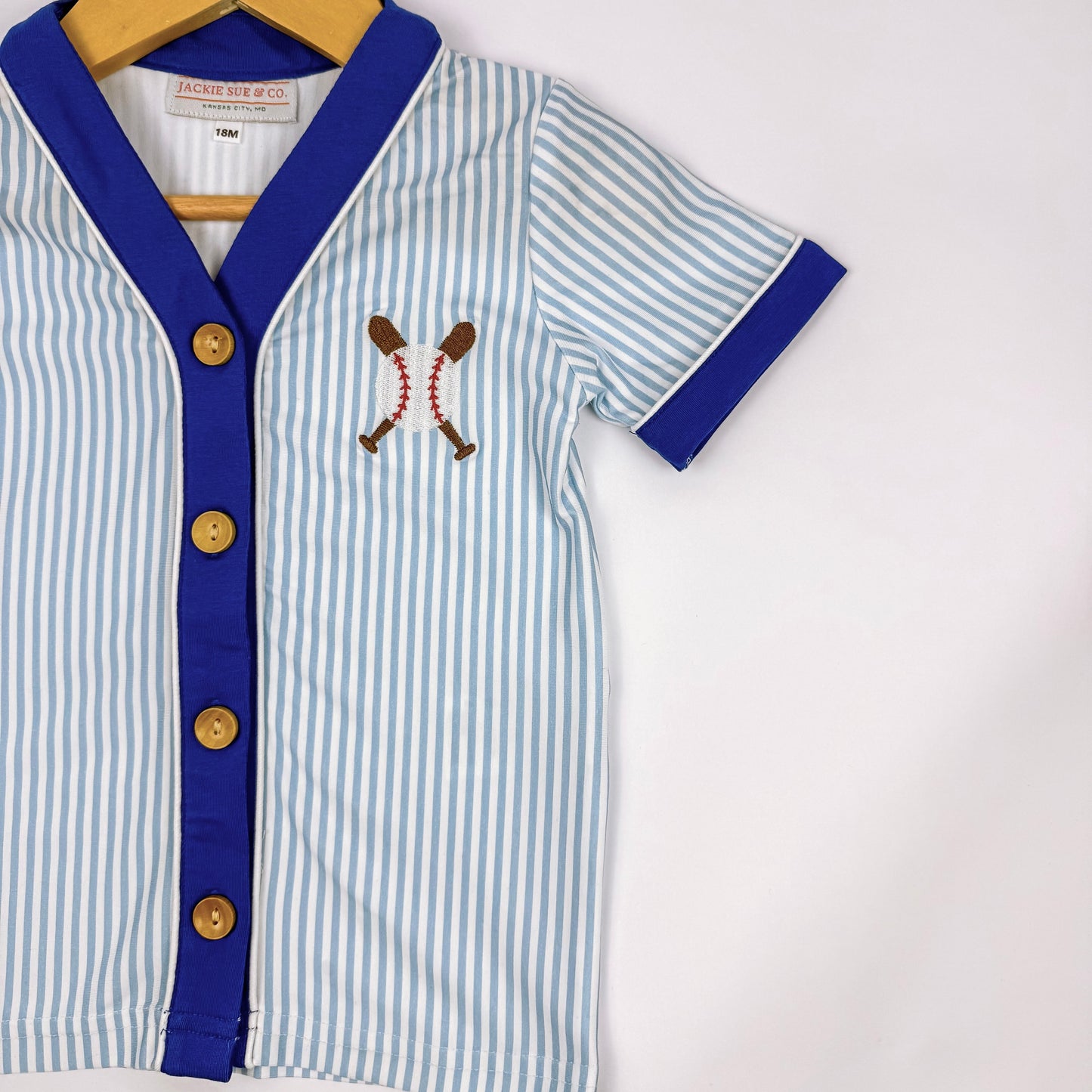 Boys Blue & White Striped Baseball Button-Up
