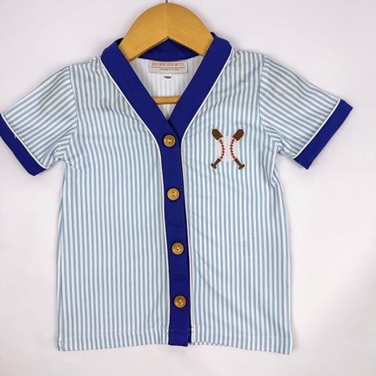 Boys Blue & White Striped Baseball Button-Up