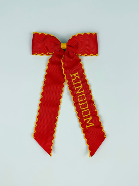 Embroidered Kingdom Red & Gold Long Tail Bow - Chiefs Inspired