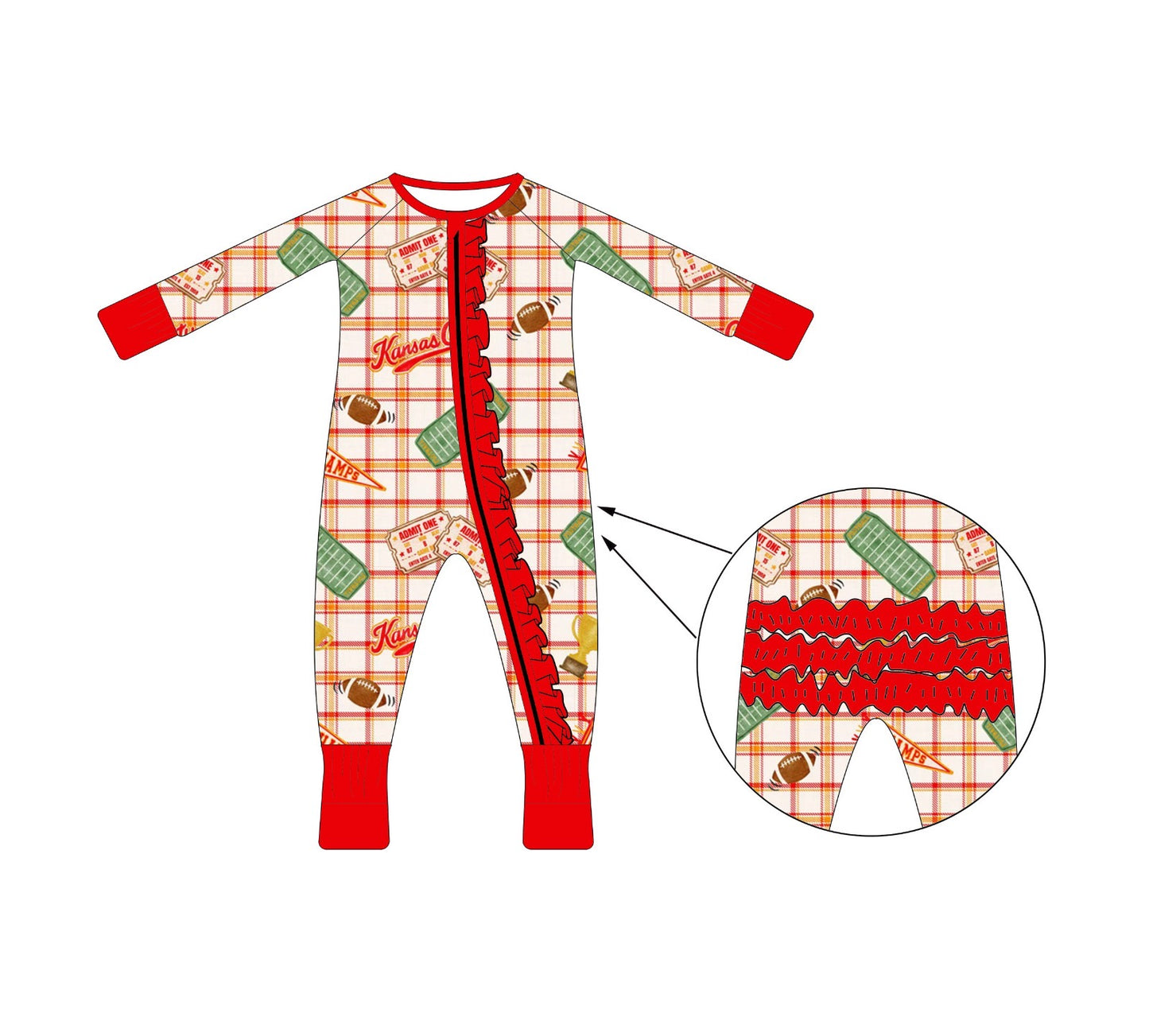 (Pre-Order) Girls Ruffle Heritage Plaid Bamboo Convertible Zip | Kansas City Football Inspired Kids Pajamas