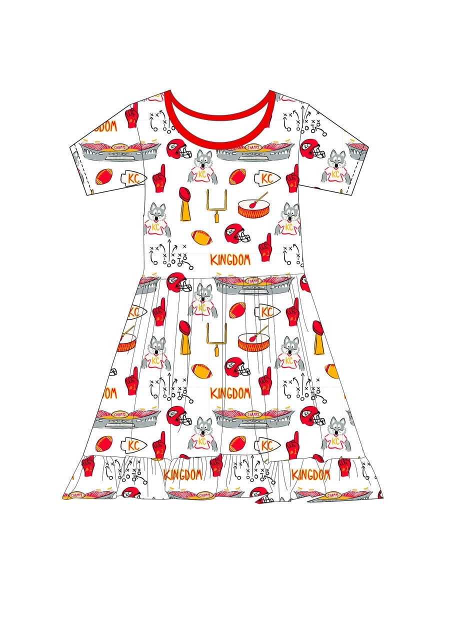 (Pre-Order) Girls Kingdom Print Bamboo Twirl Dress | Kansas City Football Inspired
