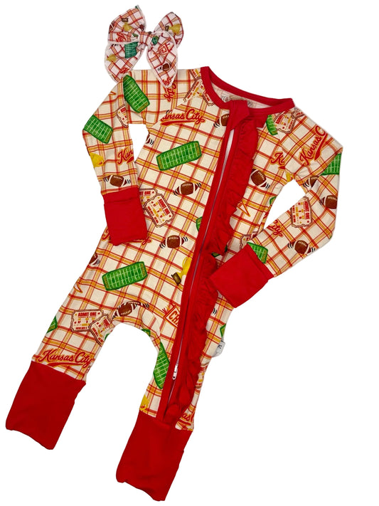 Girls Ruffle Heritage Plaid Bamboo Convertible Zip | Kansas City Football Inspired Kids Pajamas