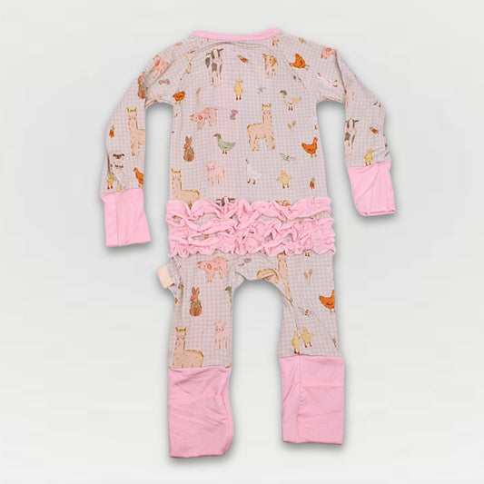 Farmstead Gingham Collection - Girls Convertible Zip Ruffle Bamboo Pajamas