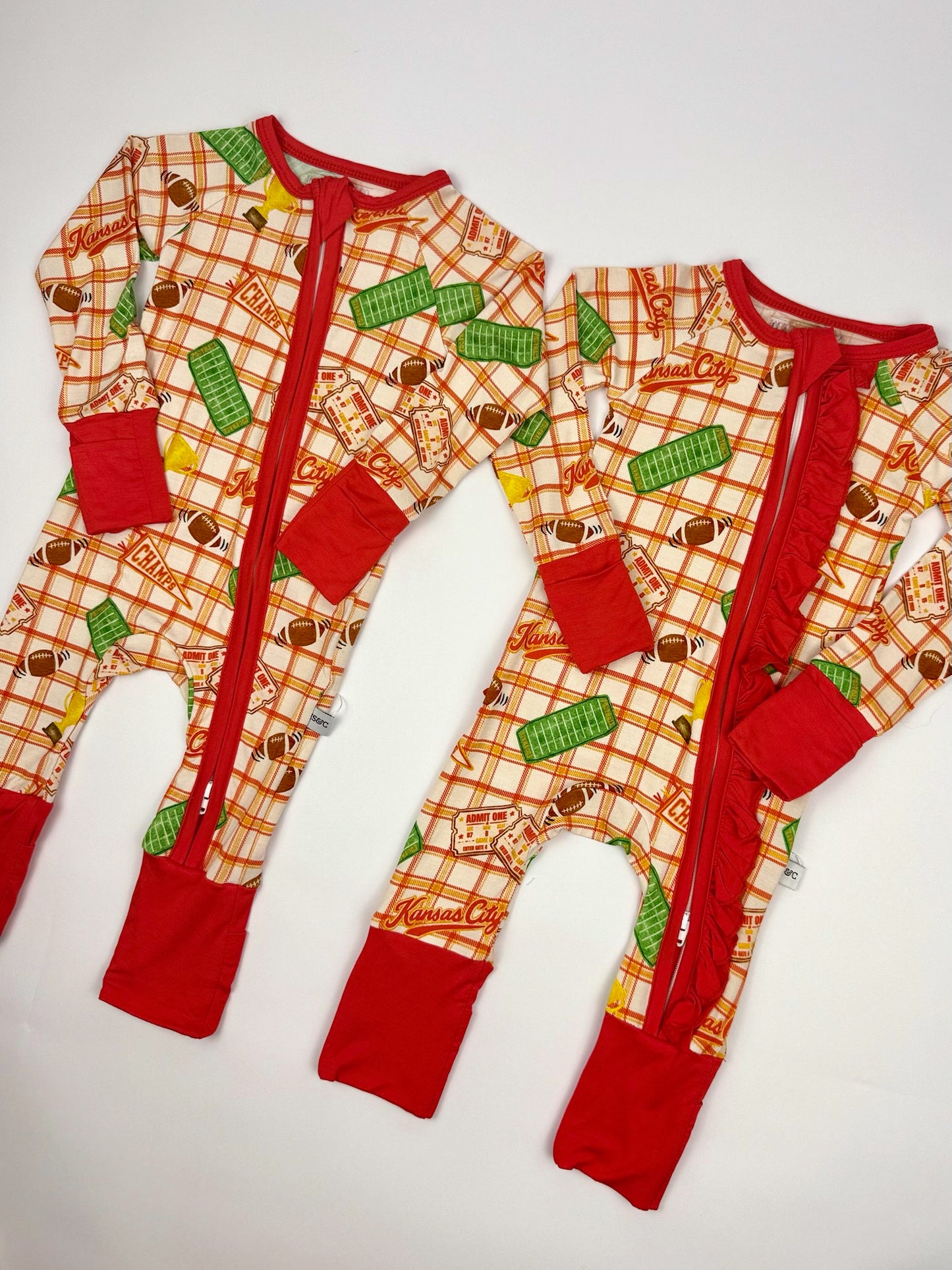 Girls Ruffle Heritage Plaid Bamboo Convertible Zip | Kansas City Football Inspired Kids Pajamas