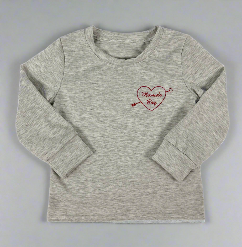 Heather Grey Long Sleeve Boys Valentine Tee – "Mama’s Boy" with Heart & Arrow Embroidery