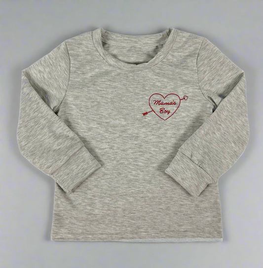 Heather Grey Long Sleeve Boys Valentine Tee – "Mama’s Boy" with Heart & Arrow Embroidery