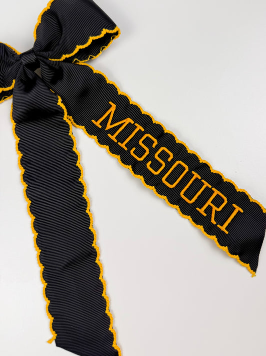 Embroidered ‘Missouri’ Black & Gold Grosgrain Spirit Bow - MU Inspired