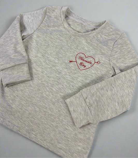 Heather Grey Long Sleeve Boys Valentine Tee – "Mama’s Boy" with Heart & Arrow Embroidery