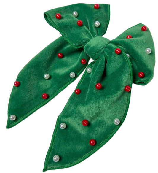 Festive Green Velvet Bow Hair Clip