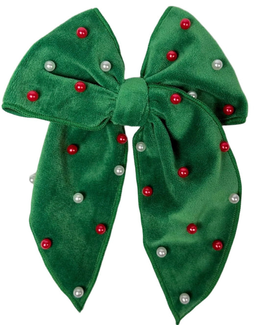 Festive Green Velvet Bow Hair Clip